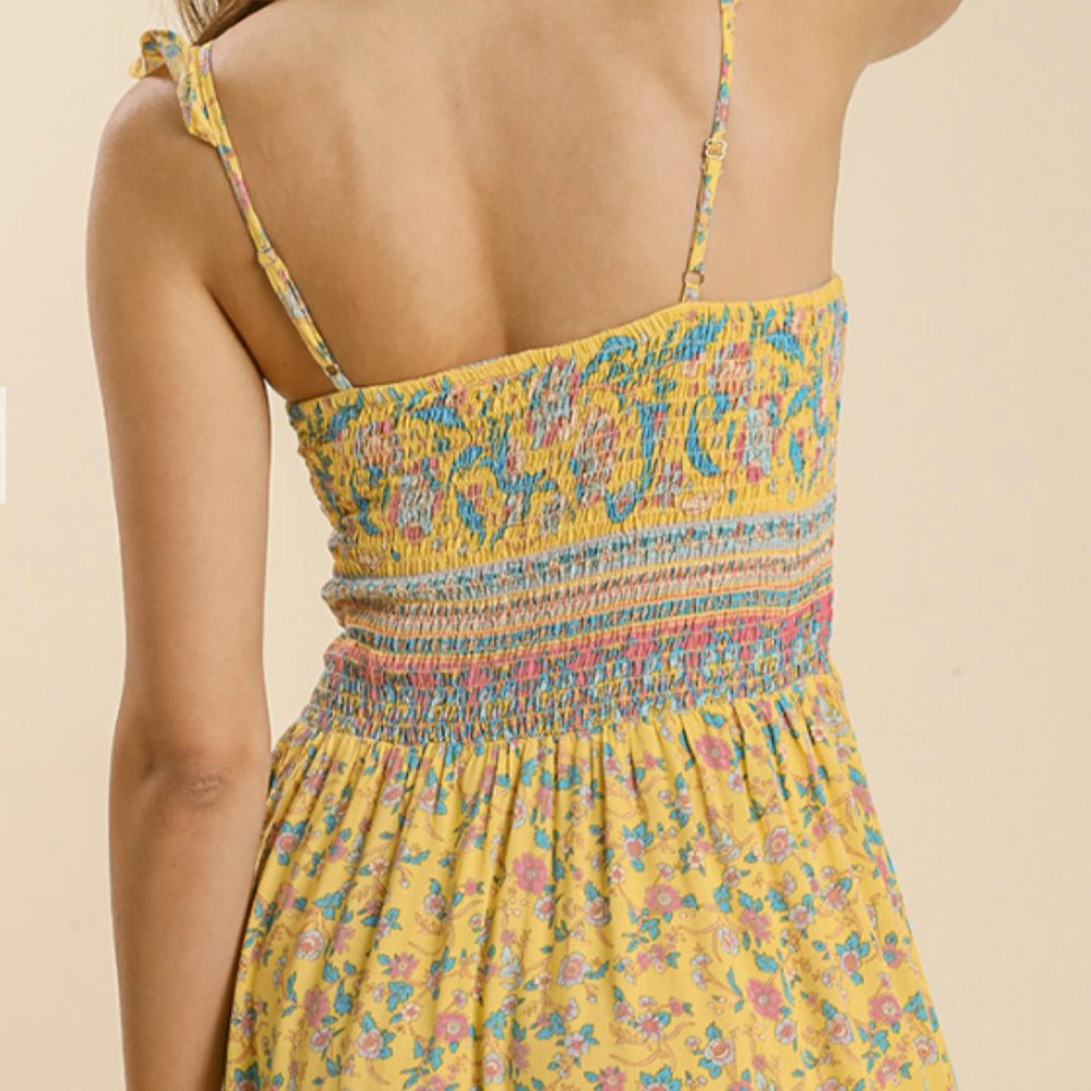 248.Women's Mixed Border Print Adjustable Trimmed Strap Smocked Maxi Dress NWT - Picture 6 of 6